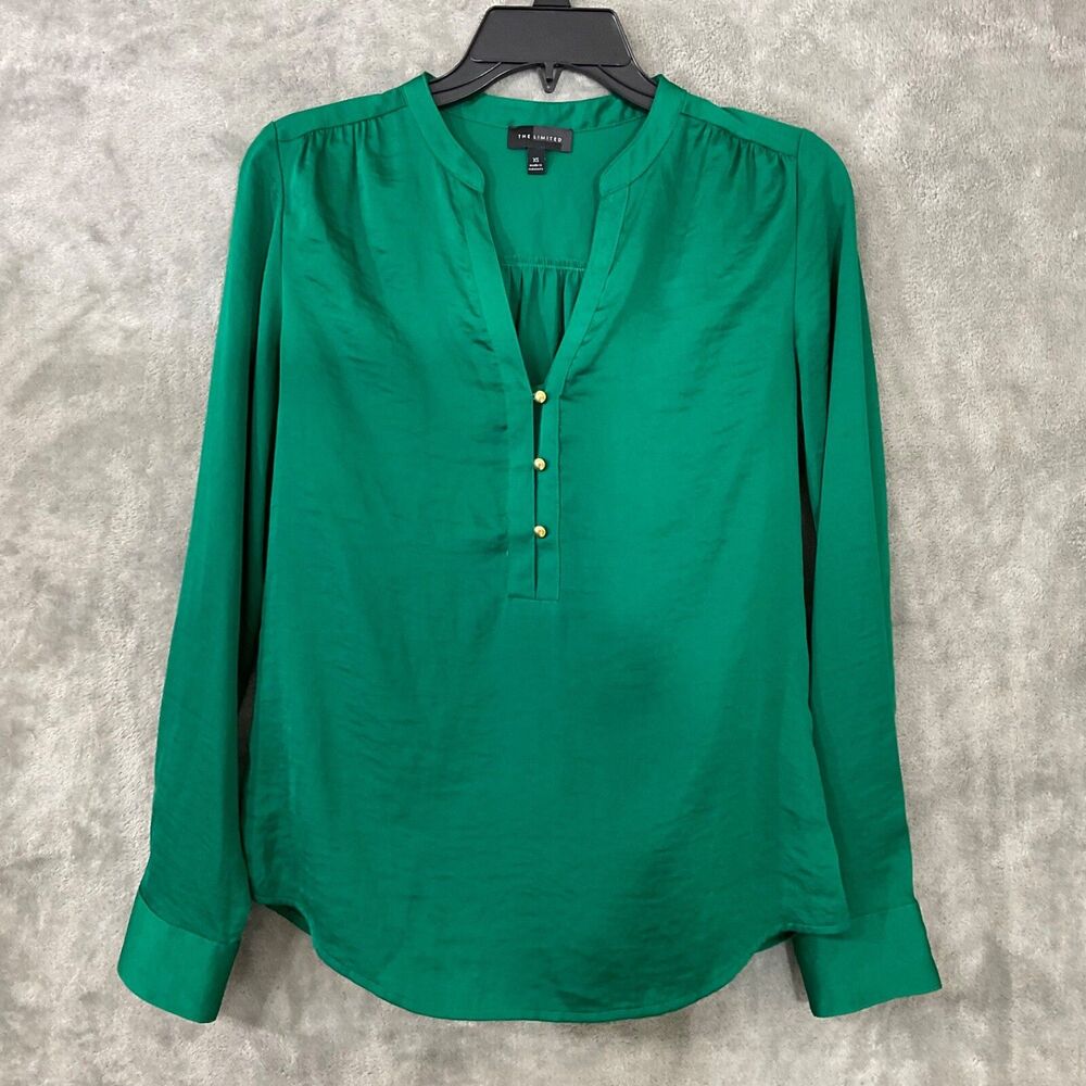 The Limited Emerald Green Long Sleeve Pop over Satin Blouse Women's XS Career